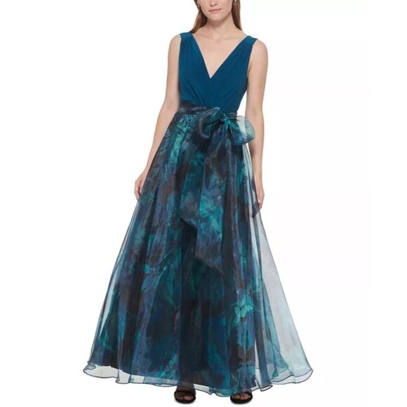 Eliza J Petite Teal Formal Maxi Dress Organza Bow Waist Teal Size 2 NWT - Picture 1 of 5